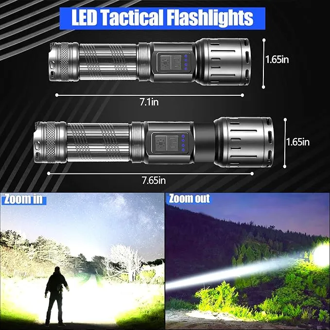Flashlights 90000 High Lumens 2Pack, LED Flashlight with Holster, Multifunctional Rechargeable Flashlights with 7 Modes, Waterproof, Red Side Light, Bright Flashlights for Camping, Emergencies (3.7)