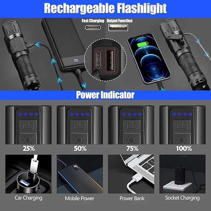 Flashlights 90000 High Lumens 2Pack, LED Flashlight with Holster, Multifunctional Rechargeable Flashlights with 7 Modes, Waterproof, Red Side Light, Bright Flashlights for Camping, Emergencies (3.7)