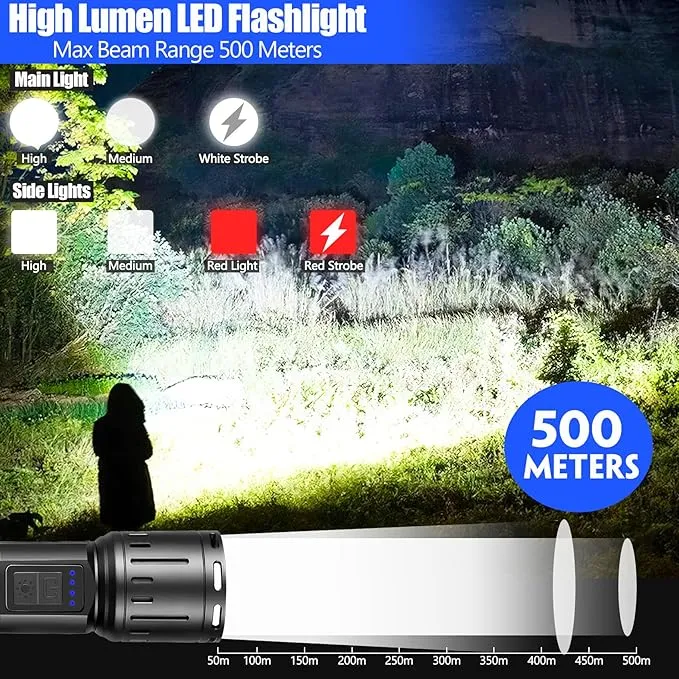 Flashlights 90000 High Lumens 2Pack, LED Flashlight with Holster, Multifunctional Rechargeable Flashlights with 7 Modes, Waterproof, Red Side Light, Bright Flashlights for Camping, Emergencies (3.7)