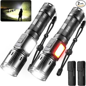 Flashlights 90000 High Lumens 2Pack, LED Flashlight with Holster, Multifunctional Rechargeable Flashlights with 7 Modes, Waterproof, Red Side Light, Bright Flashlights for Camping, Emergencies (3.7)
