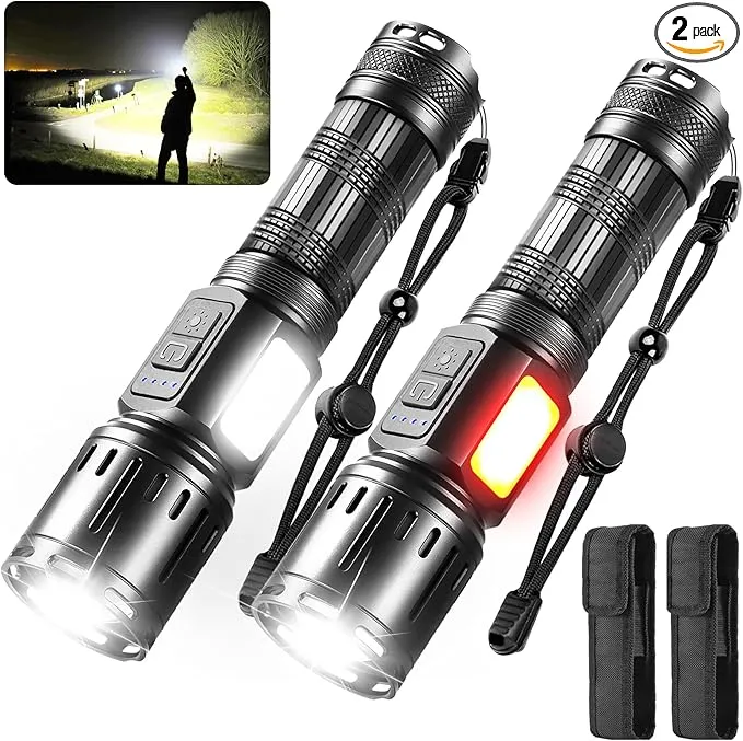 Flashlights 90000 High Lumens 2Pack, LED Flashlight with Holster, Multifunctional Rechargeable Flashlights with 7 Modes, Waterproof, Red Side Light, Bright Flashlights for Camping, Emergencies (3.7)
