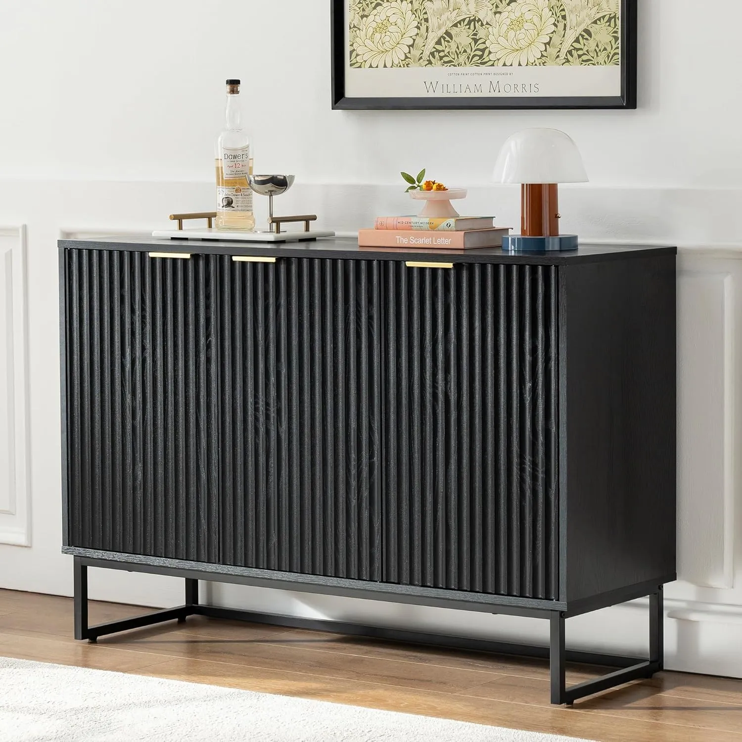 Fluted Storage Cabinet with 3 Doors, Modern Accent Sideboard Buffet Cabinet with Adjustable Shelves, Wooden Credenza Console Table for Living Dining Room, Black