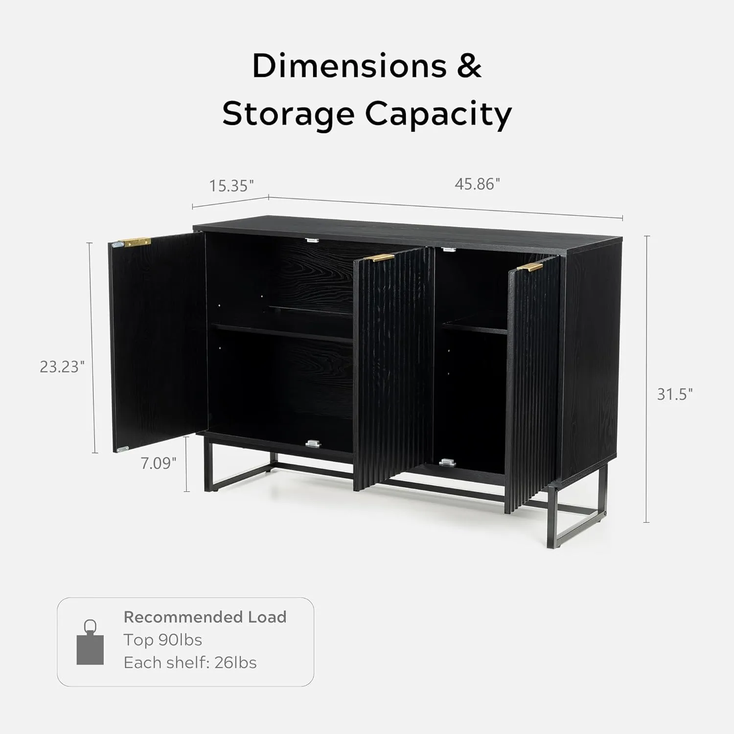 Fluted Storage Cabinet with 3 Doors, Modern Accent Sideboard Buffet Cabinet with Adjustable Shelves, Wooden Credenza Console Table for Living Dining Room, Black