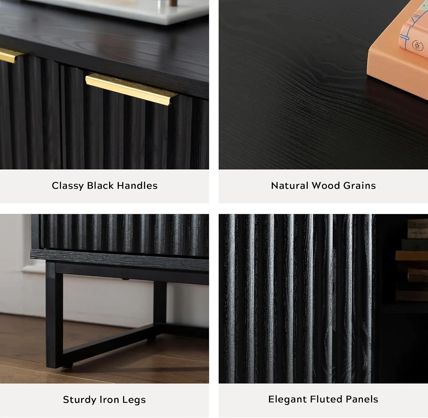 Fluted Storage Cabinet with 3 Doors, Modern Accent Sideboard Buffet Cabinet with Adjustable Shelves, Wooden Credenza Console Table for Living Dining Room, Black
