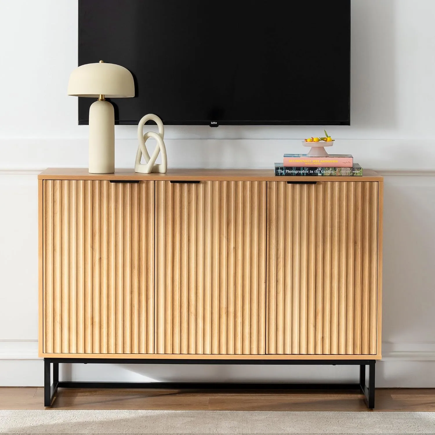 Fluted Storage Cabinet with 3 Doors, Modern Accent Sideboard Buffet Cabinet with Adjustable Shelves, Wooden Credenza Console Table for Living Dining Room, Natural Oak