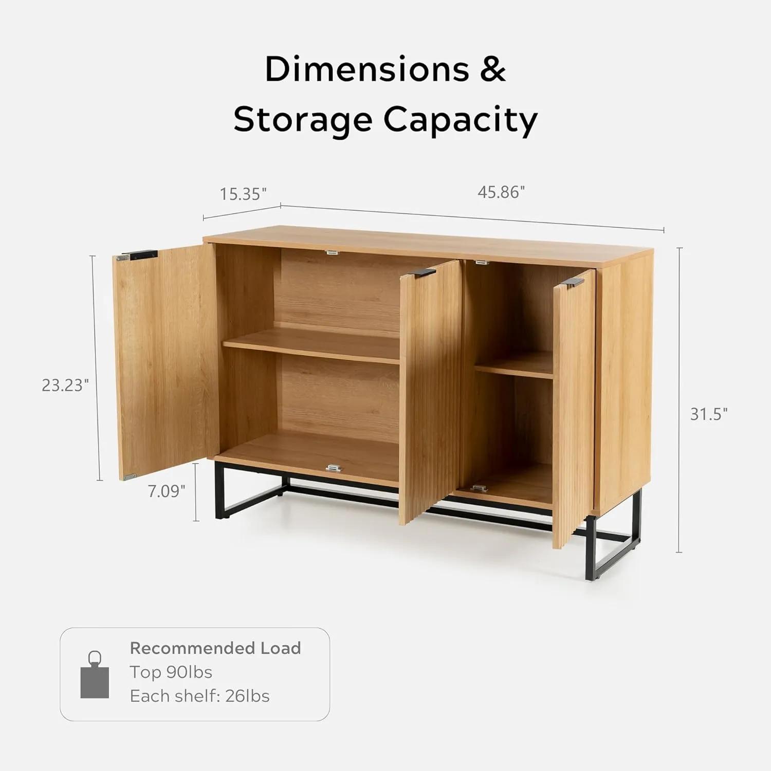 Fluted Storage Cabinet with 3 Doors, Modern Accent Sideboard Buffet Cabinet with Adjustable Shelves, Wooden Credenza Console Table for Living Dining Room, Natural Oak