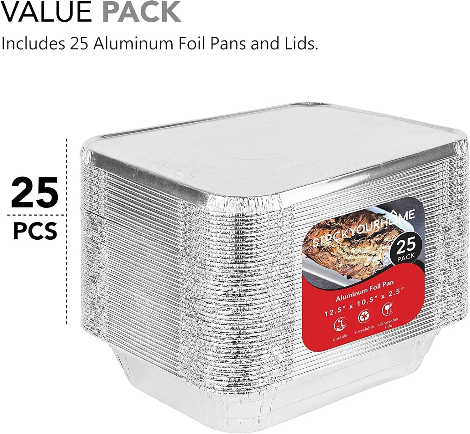 Foil Pans with Lids - 9x13 Aluminum Pans with Covers - 25 Foil Pans and 25 Foil Lids - Disposable Food Containers Great for Baking, Cooking, Heating, Storing, Prepping Food Silver