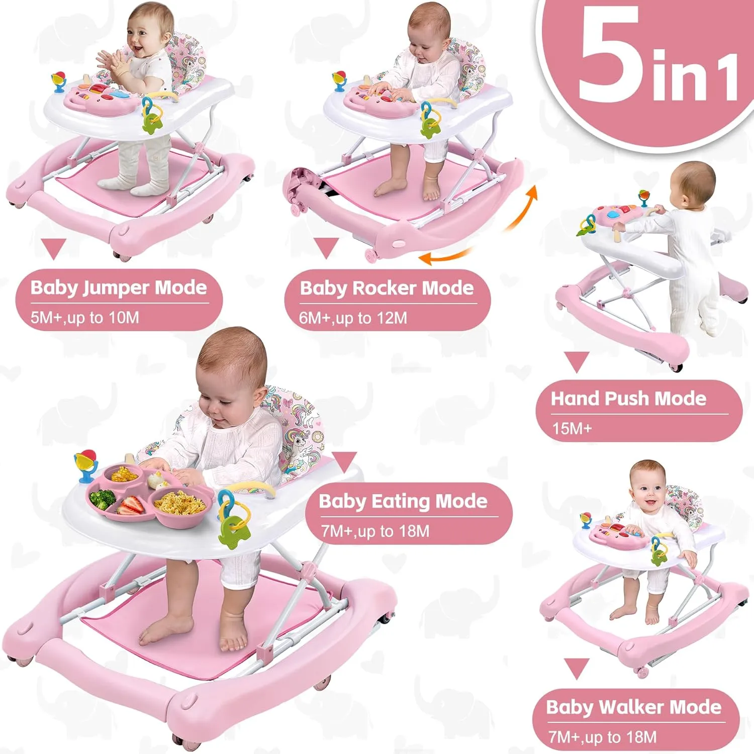 Foldable Baby 5-in-1 Activity Walker - Rocker, Activity Center, Bouncer, Seat Walker, Push Walker - Adjustable Speed Rear Wheels and Height Toys Ages 6-18 Months… (Pink)