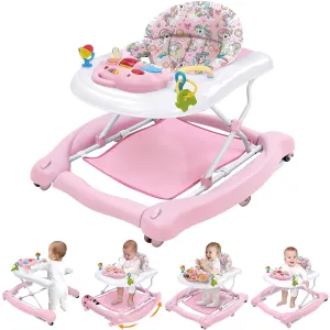Foldable Baby 5-in-1 Activity Walker - Rocker, Activity Center, Bouncer, Seat Walker, Push Walker - Adjustable Speed Rear Wheels and Height Toys Ages 6-18 Months… (Pink)