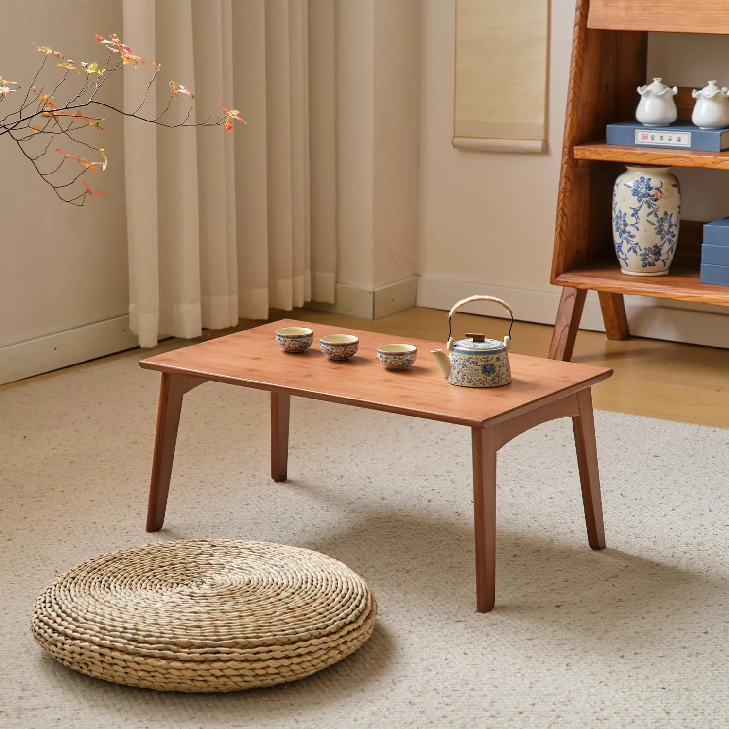 Foldable Bamboo Small Table Foldable Floor Desk Folding Coffee Table No Assembly Required for The Floating Window Tatami Tea Room Balcony Living Room Outdoor（Large）