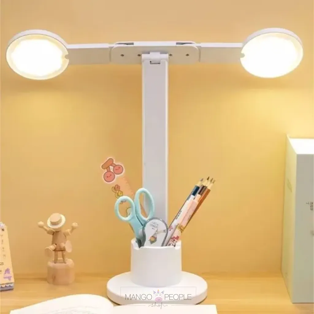 FOLDABLE DOUBLE HEAD ROTATABLE LED DESK LAMP WITH PEN HOLDER