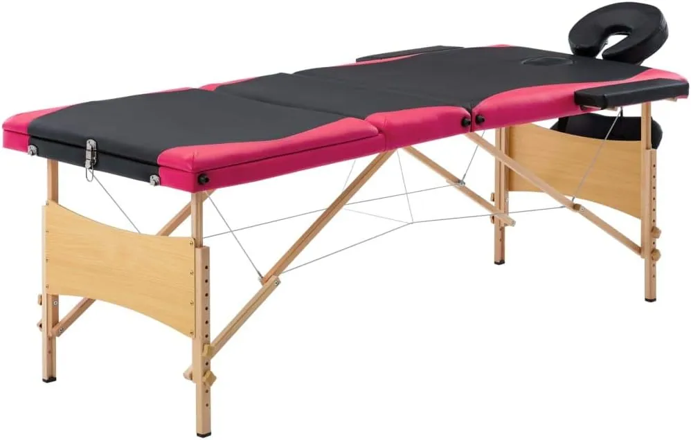 Foldable Massage Table 3 Zones with Adjustable Height and Arm Supports, Faux Leather Cushion, Black and Pink