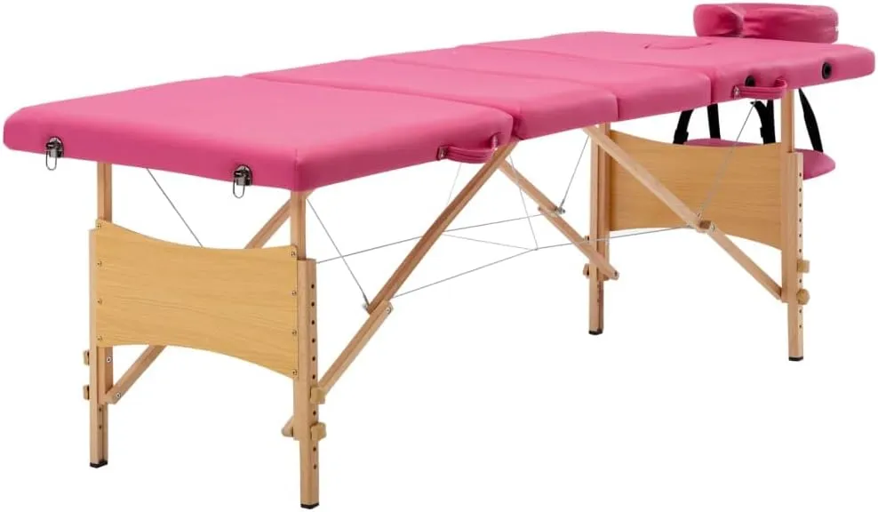 Foldable Massage Table 4 Zones with Wooden Frame, Adjustable Height and Comfortable Padding, Portable Bag Included, Pink