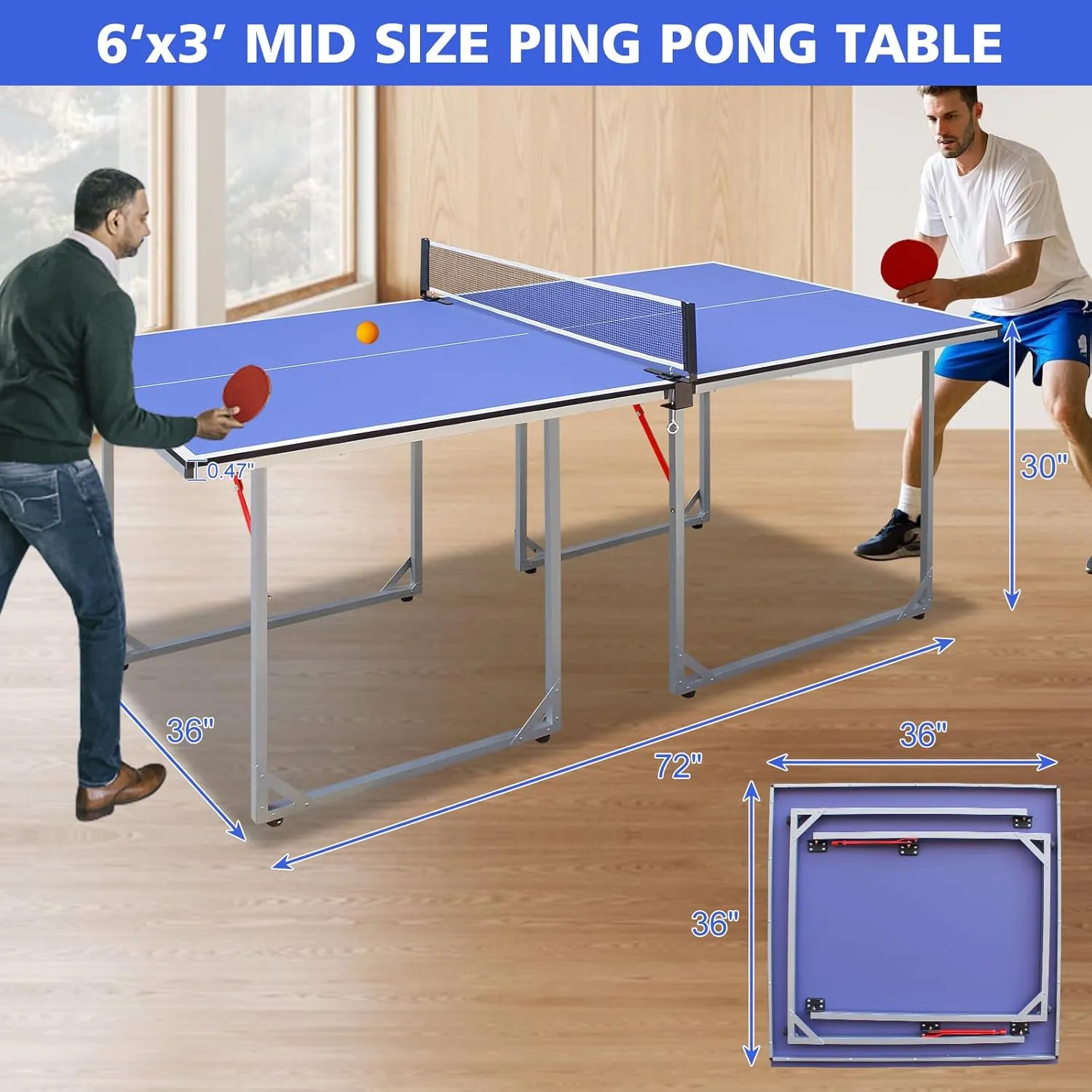 Foldable Ping Pong Table Portable 4.5FT/6 FT/9FT Table Tennis Table Foldable for Indoor Outdoor Games - Quick Assembly