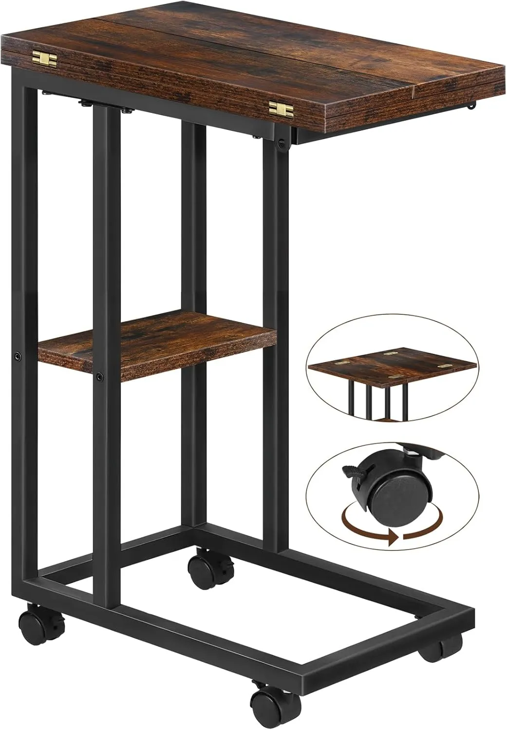 Foldable Small Side Table - C Shaped Couch End Table with Storage Shelf and Wheels, Expandable Wooden Snack Tray Table for Living Room Bedroom Sofa Bedside Chair Small Spaces Rustic Brown