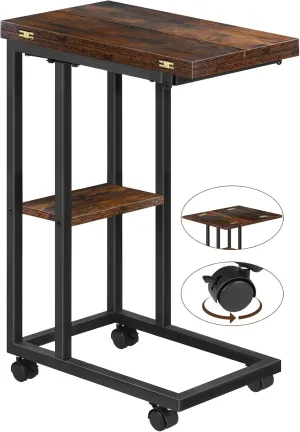 Foldable Small Side Table - C Shaped Couch End Table with Storage Shelf and Wheels, Expandable Wooden Snack Tray Table for Living Room Bedroom Sofa Bedside Chair Small Spaces Rustic Brown