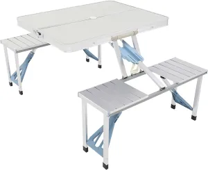 Folding Aluminum Picnic Table Chair Set, 4-Seat Outdoor Furniture with Umbrella Hole Folding Lightweight Portable Suitcase Card Table, for Camping Dining BBQ, Easy to Carry and Store