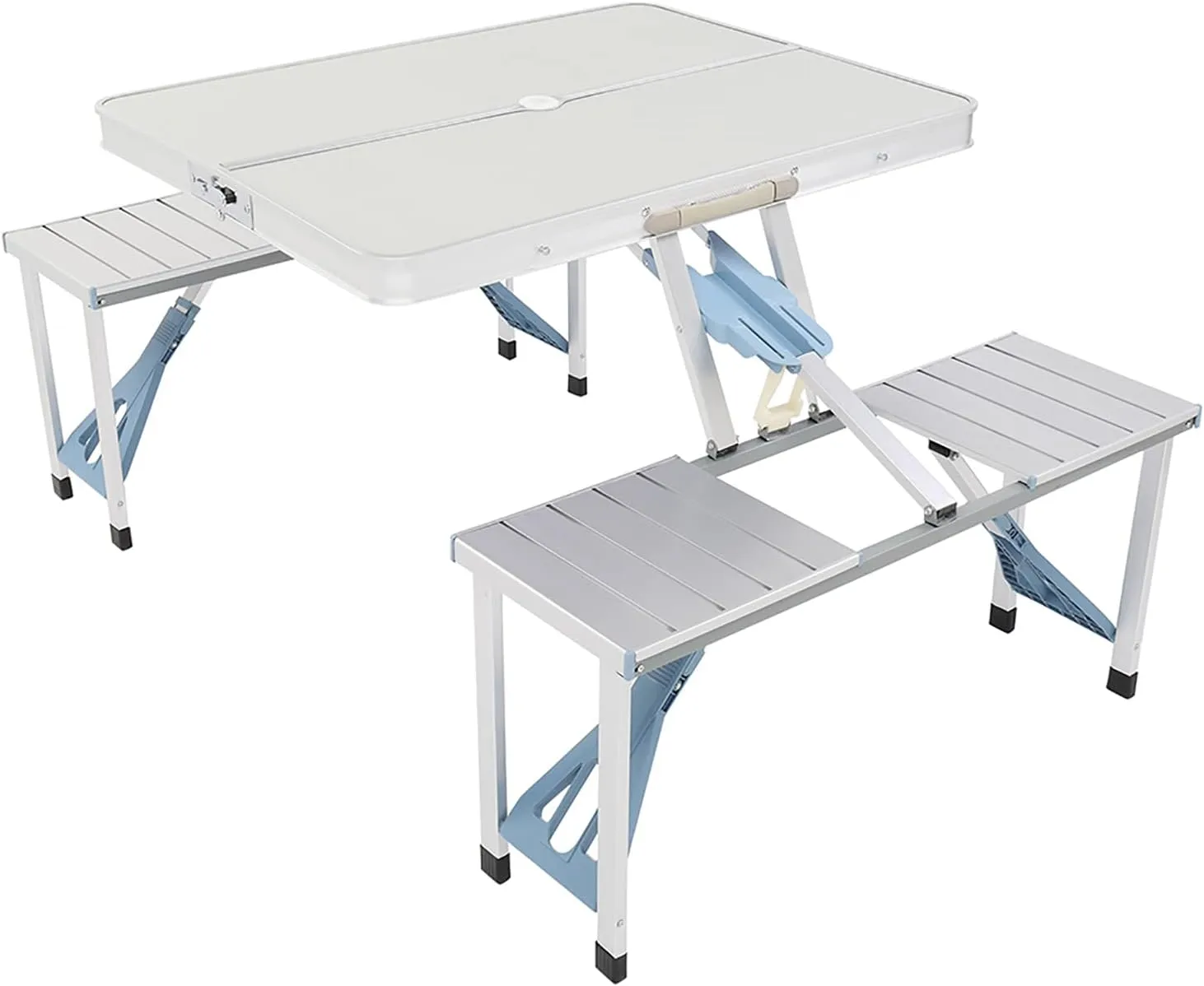Folding Aluminum Picnic Table Chair Set, 4-Seat Outdoor Furniture with Umbrella Hole Folding Lightweight Portable Suitcase Card Table, for Camping Dining BBQ, Easy to Carry and Store