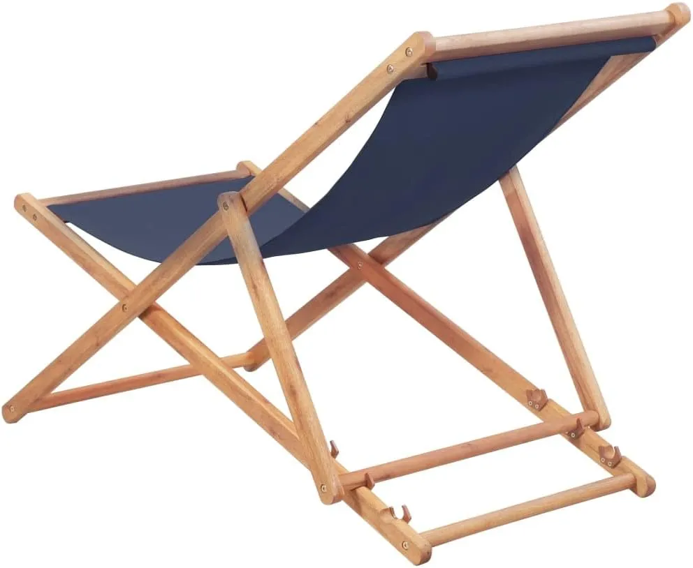 Folding Beach Chair with Wooden Frame Blue Adjustable Reclining Outdoor Lounge Chair for Patio Garden Balcony Beach and Camping