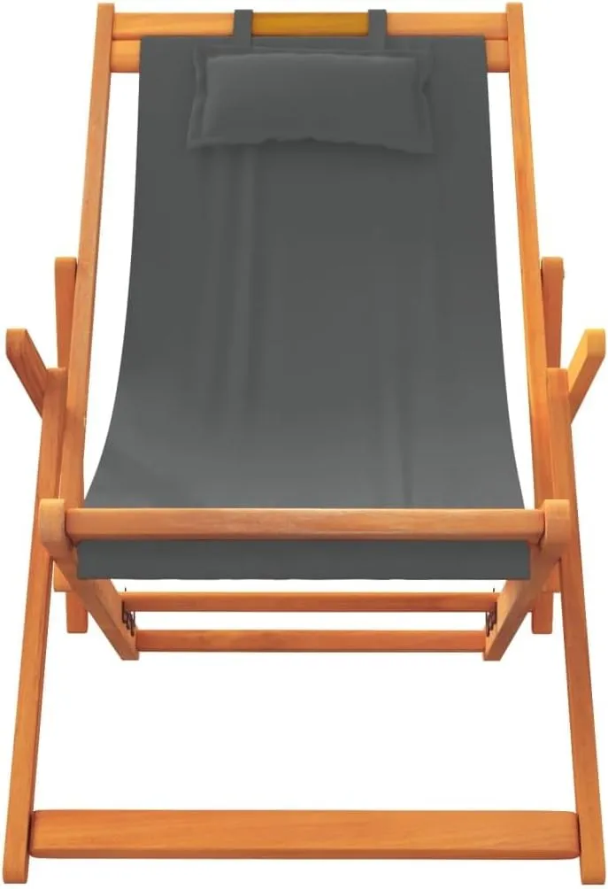 Folding Beach Chairs 2 Pack Gray Solid Eucalyptus Wood Frame Polyester Fabric 3 Position Reclining Lounge Chair with Pillow Foldable Outdoor Patio Furniture for Beach Camping Poolside