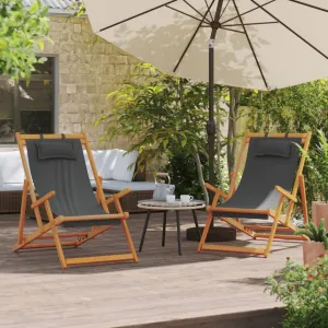 Folding Beach Chairs 2 Pack Gray Solid Eucalyptus Wood Frame Polyester Fabric 3 Position Reclining Lounge Chair with Pillow Foldable Outdoor Patio Furniture for Beach Camping Poolside