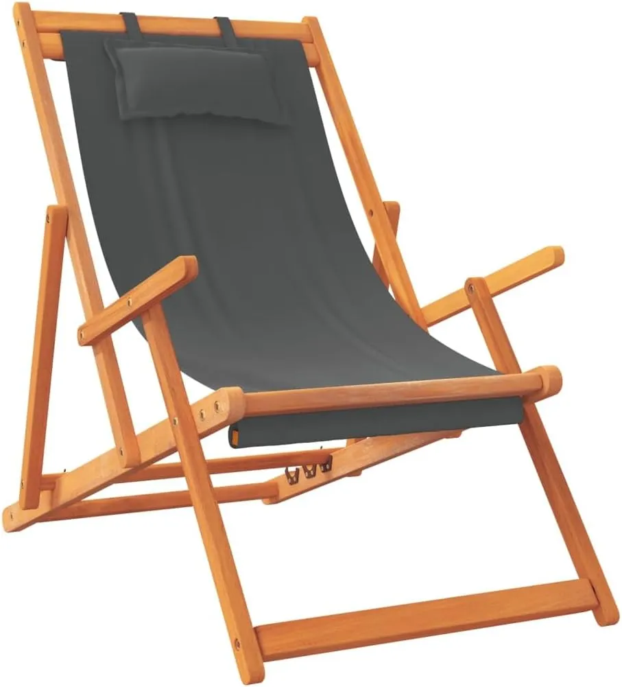 Folding Beach Chairs 2 Pack Gray Solid Eucalyptus Wood Frame Polyester Fabric 3 Position Reclining Lounge Chair with Pillow Foldable Outdoor Patio Furniture for Beach Camping Poolside
