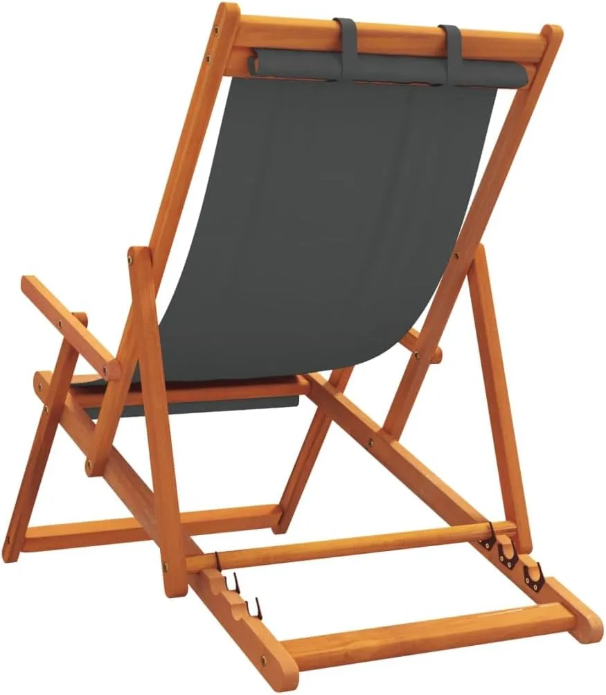 Folding Beach Chairs 2 Pack Gray Solid Eucalyptus Wood Frame Polyester Fabric 3 Position Reclining Lounge Chair with Pillow Foldable Outdoor Patio Furniture for Beach Camping Poolside