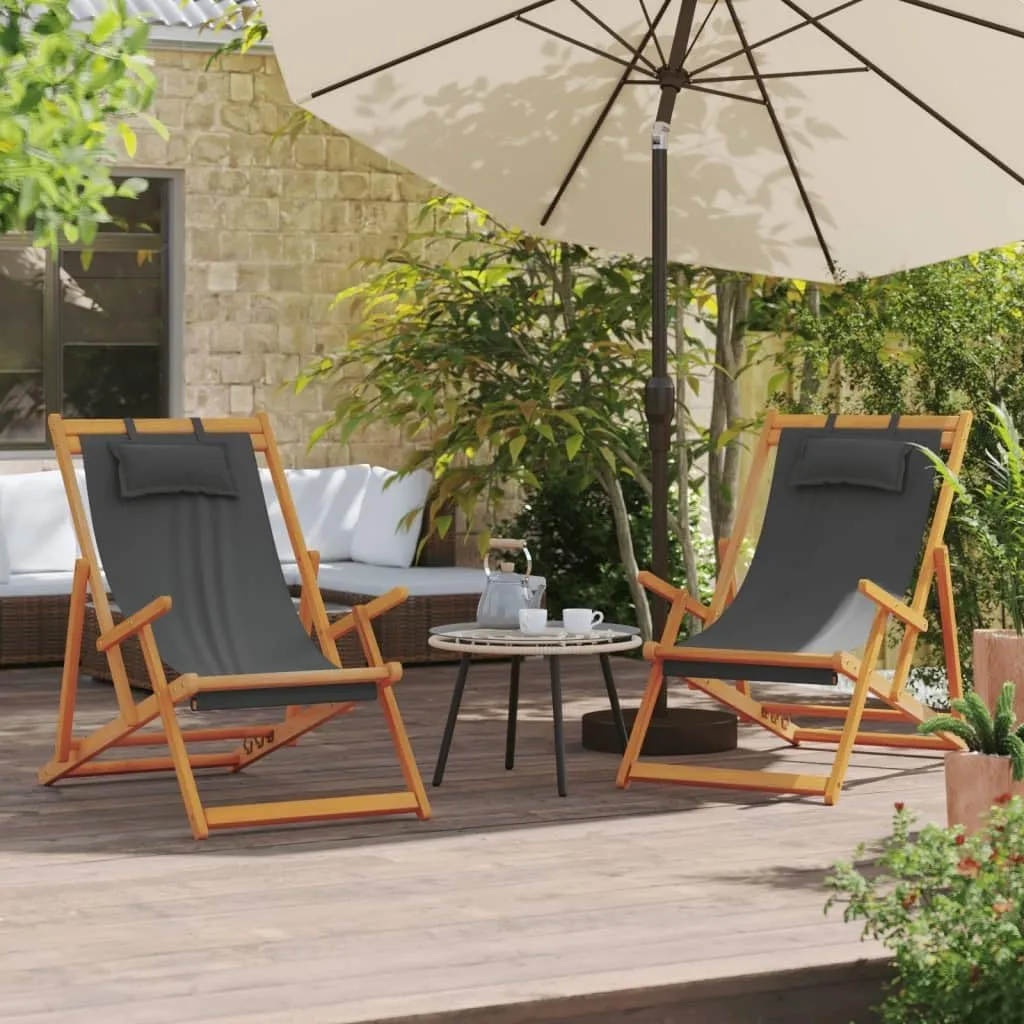 Folding Beach Chairs 2 Pack Gray Solid Eucalyptus Wood Frame Polyester Fabric 3 Position Reclining Lounge Chair with Pillow Foldable Outdoor Patio Furniture for Beach Camping Poolside