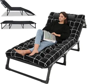 Folding Camping Cot, 4-Position Adjustable Adults Reclining Folding Chaise with Pillow, Outdoor Lounge Chair for Beach, Patio, Pool, Hiking, Camping 75cm