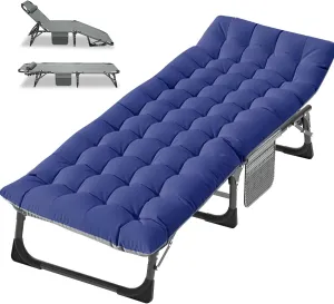 Folding Camping Cots for Adults, Adjustable 4-Position Adults Reclining Chaise with Pillow, Outdoor Lounge Chair Sleeping Cots Bed, Perfect for Camping, Pool, Beach, Patio, Onesize, Blue