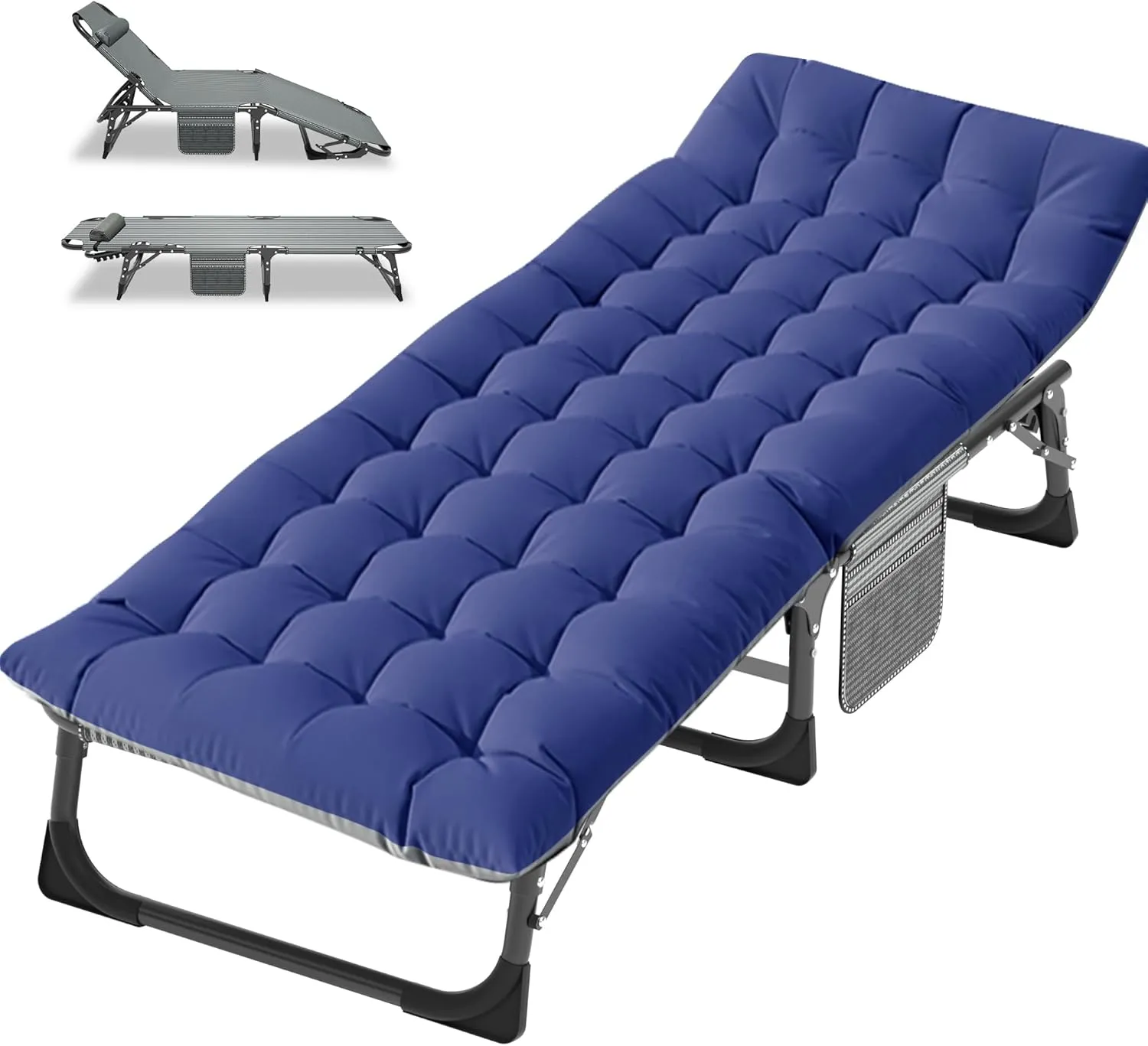 Folding Camping Cots for Adults, Adjustable 4-Position Adults Reclining Chaise with Pillow, Outdoor Lounge Chair Sleeping Cots Bed, Perfect for Camping, Pool, Beach, Patio, Onesize, Blue