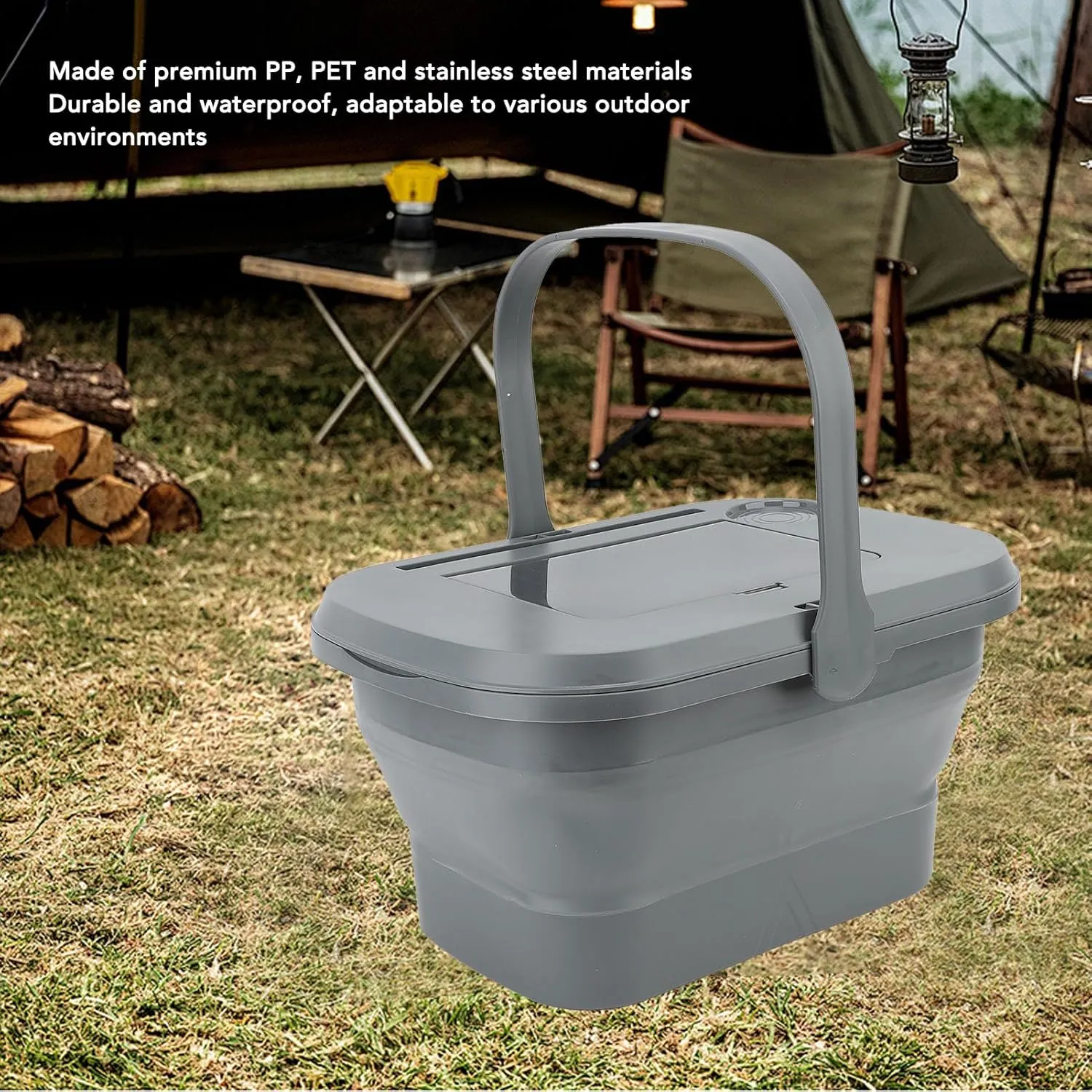 Folding Camping Storage Basket, Foldable Camping Basket with Table Storage Organizer Box, Portable Picnic Basket, Foldable Basket with Handle and Lids for Dishes Washing, Camping and Home(Gray)