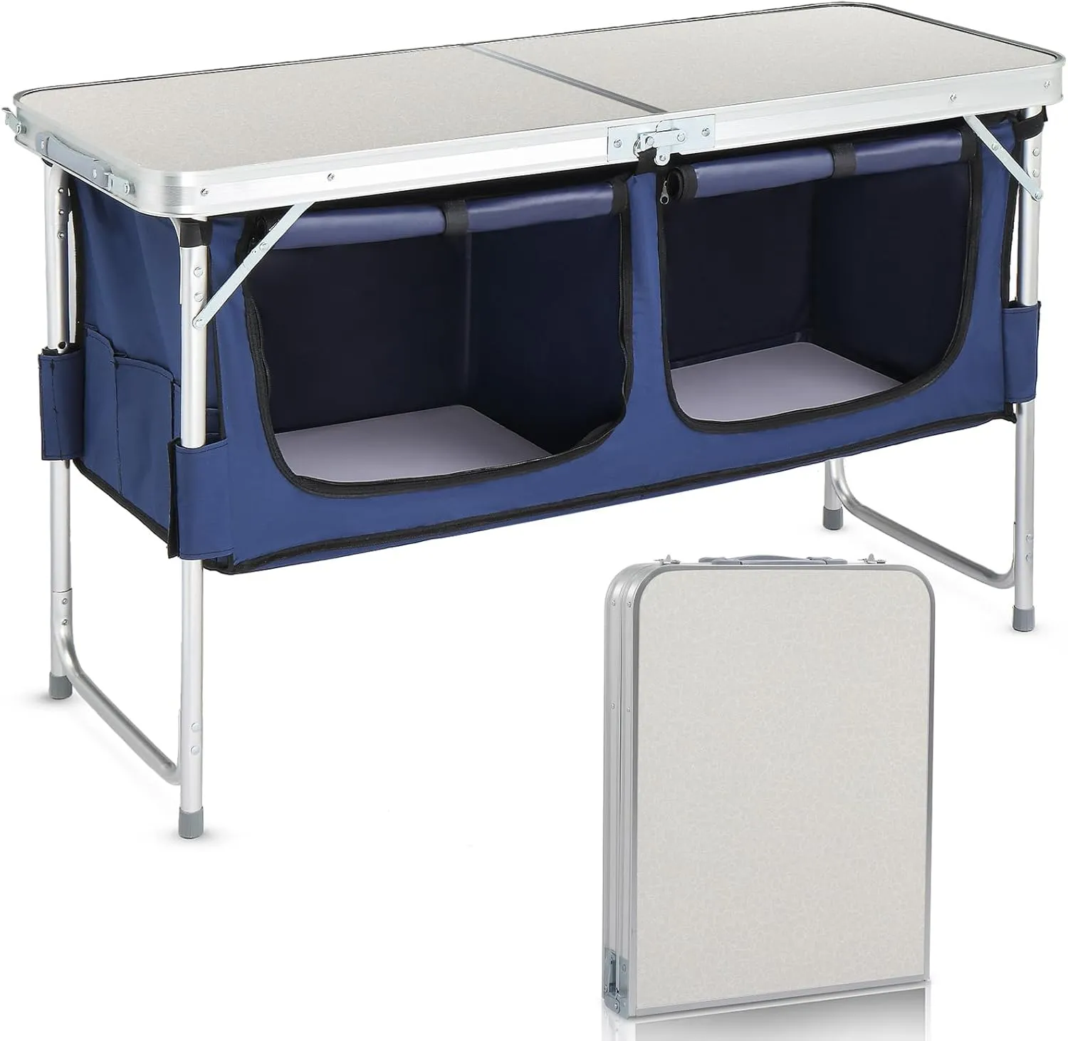Folding Camping Table,Outdoor Aluminum Folding Table,Lightweight Height Adjustable Camp Kitchen Table with Storage Organizer, for Outdoor Travel Beach,Backyards,BBQ,Party and Picnic