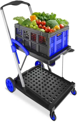 Folding Cart | Multi Use Functional Collapsible carts | Shopping Trolley with Wheels | Shopping Cart with Storage Crate | Utility Cart for Groceries, Warehouse,Supermarket. (Blue)