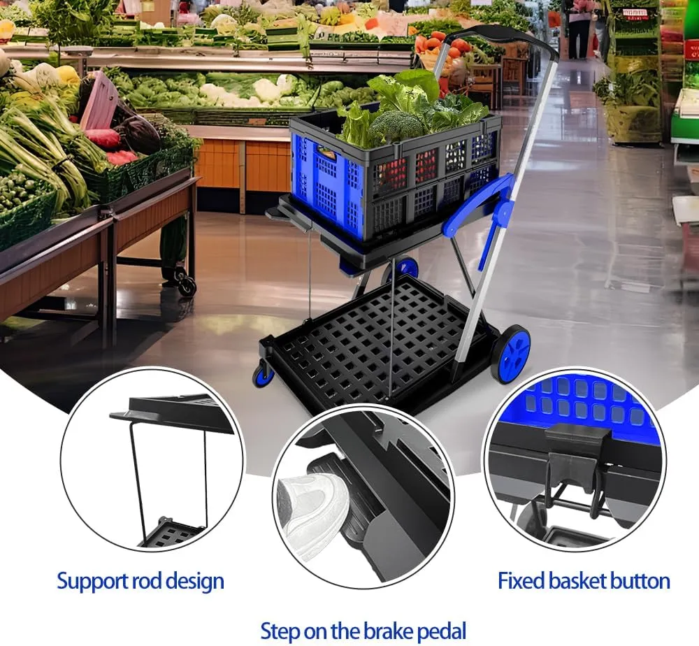 Folding Cart | Multi Use Functional Collapsible carts | Shopping Trolley with Wheels | Shopping Cart with Storage Crate | Utility Cart for Groceries, Warehouse,Supermarket. (Blue)