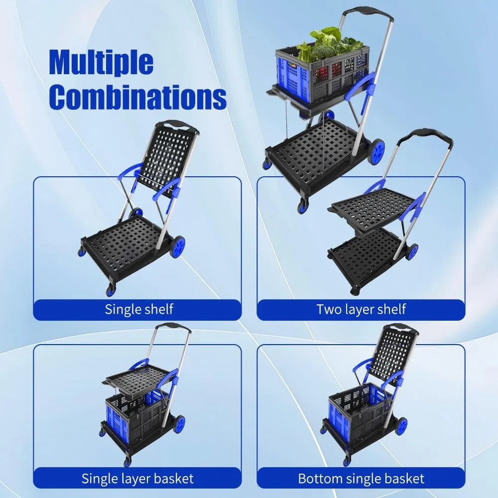 Folding Cart | Multi Use Functional Collapsible carts | Shopping Trolley with Wheels | Shopping Cart with Storage Crate | Utility Cart for Groceries, Warehouse,Supermarket. (Blue)