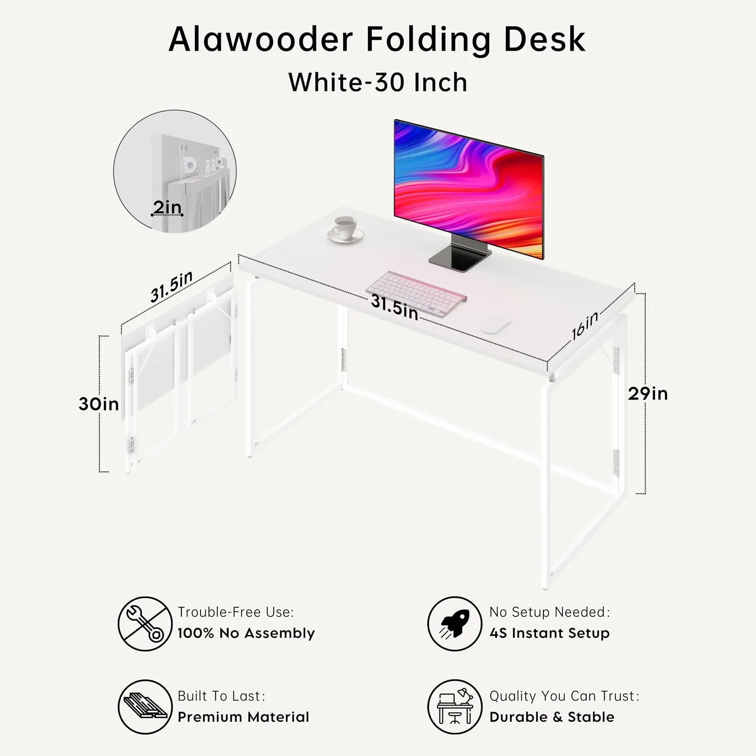 Folding Desk 30 Inch - Small Foldable Desk for Small Space Minimalist, Space Saving Collapsible Compact Desk Portable Table for Craft, Writing, Study and Work (No Assembly Required)