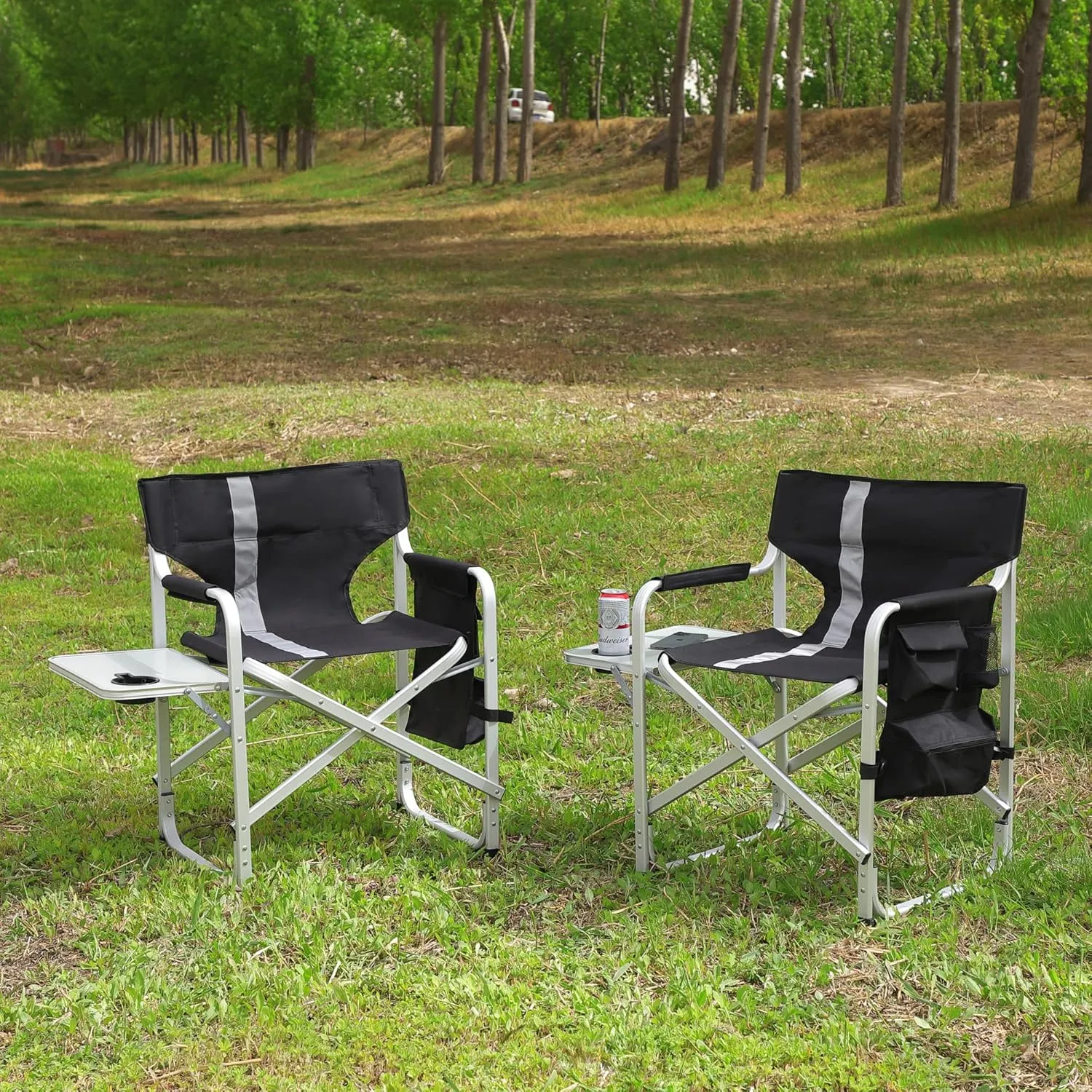 Folding Directors Chairs,Set of 2 Camping Chair with Side Table,Detachable Side Pocket, Portable Heavy Duty Aluminum Frame,Black