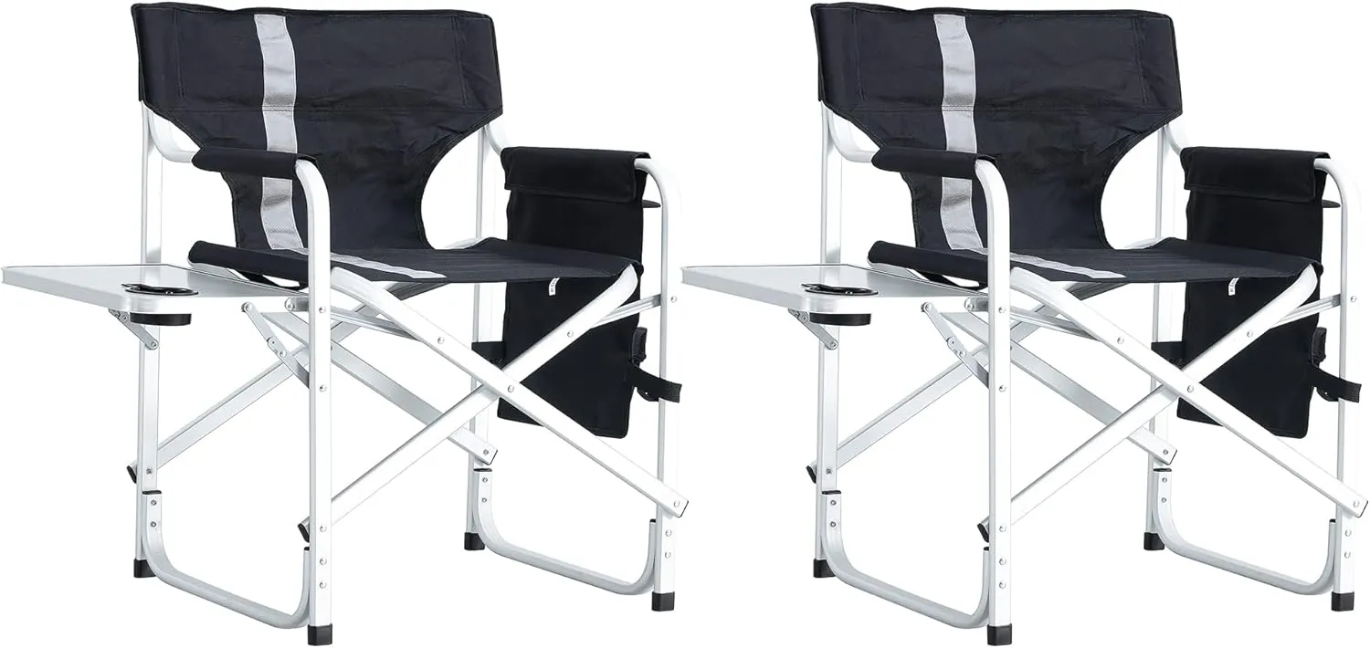 Folding Directors Chairs,Set of 2 Camping Chair with Side Table,Detachable Side Pocket, Portable Heavy Duty Aluminum Frame,Black