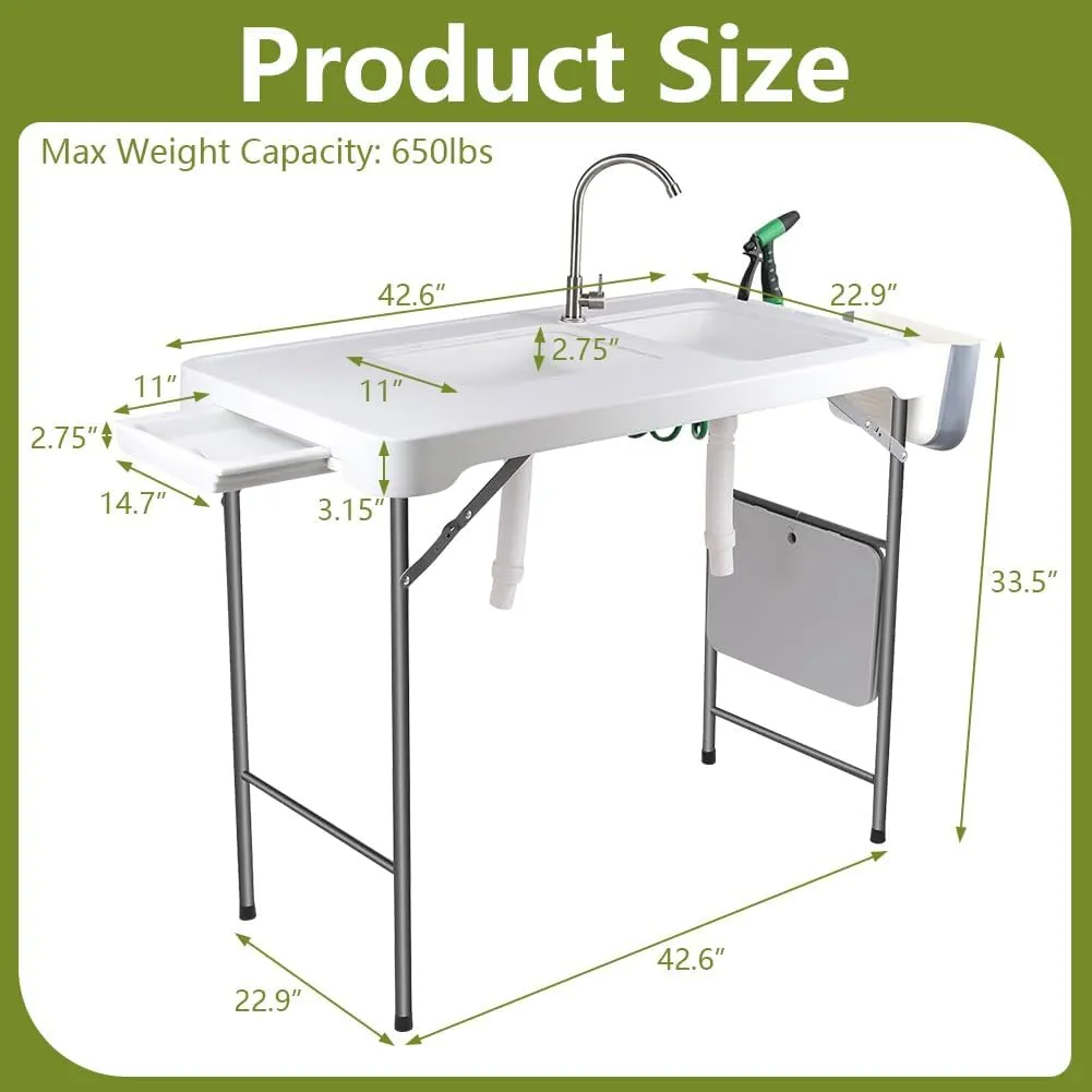 Folding Fishing Cleaning Table, 4ft Portable Camping Sink Table with Faucet & 2 Sinks, w/Grid Rack, Drainage Hose, Sprayer, Garbage Bin, Drawer for Picnic Camping Kitchen Gardening, Style B