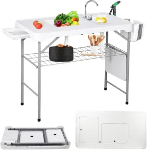 Folding Fishing Cleaning Table, 4ft Portable Camping Sink Table with Faucet & 2 Sinks, w/Grid Rack, Drainage Hose, Sprayer, Garbage Bin, Drawer for Picnic Camping Kitchen Gardening, Style B