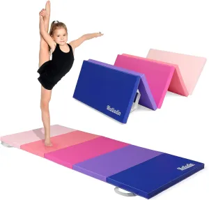 Folding Gymnastics Gym Exercise Aerobics Mat, 76"L x 30"W x 1.5"Th Folding Exercise Mat, Easy to Clean PU Leather Tumbling Mats for Stretching Yoga Cheerleading Martial Arts, Kid Play(Pink ,Blue）