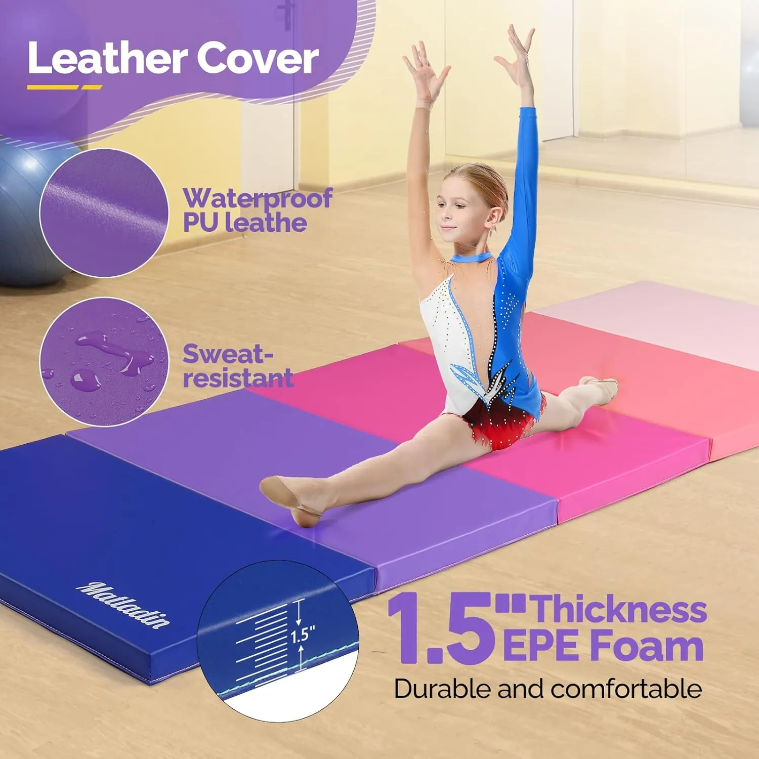 Folding Gymnastics Gym Exercise Aerobics Mat, 76"L x 30"W x 1.5"Th Folding Exercise Mat, Easy to Clean PU Leather Tumbling Mats for Stretching Yoga Cheerleading Martial Arts, Kid Play(Pink ,Blue）