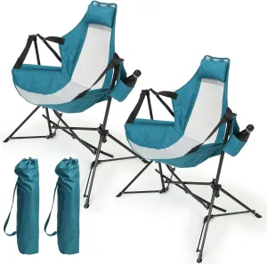 Folding Portable Rocking Hammock Camping Chair, Adjustable Back with Cup Holder and Pillow, Outdoor Travel, Blue (Set of 2)