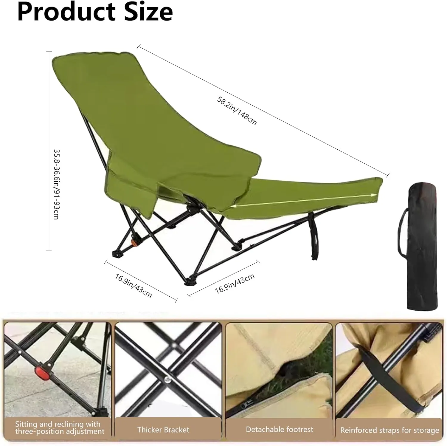 Folding Reclining Camping Chair with Adjustable Backrest and Footrest Camping Lounge Chair for Outdoor Camp Hiking Beach Travel Picnic BBQ (Green)