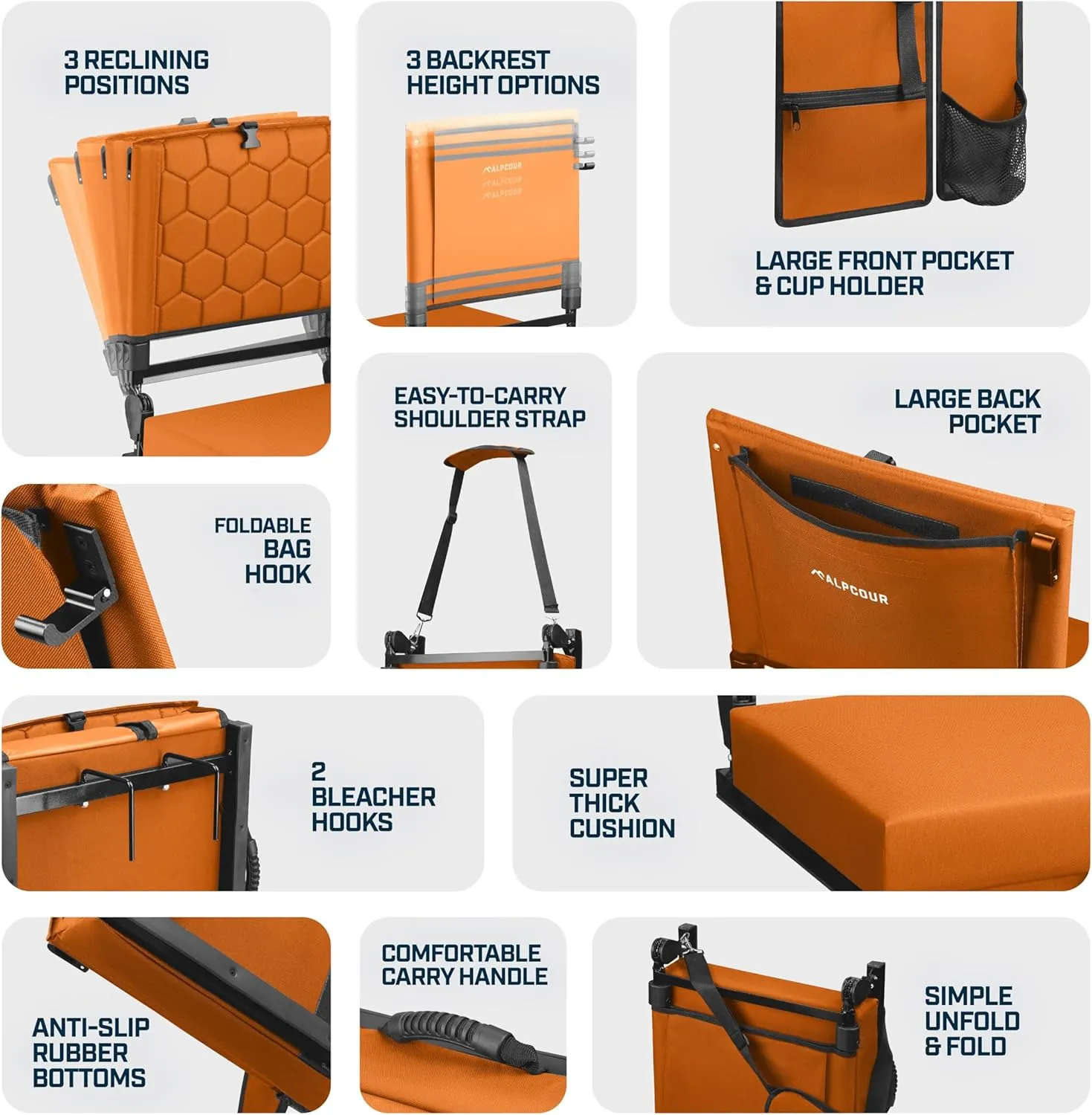 Folding Reclining Stadium Seats with Back Support for Bleachers, Bleacher Chairs with Back and Cushion Seating for Football, Camping Chair, Kayak Seat, Canoe, Paddle Board, Concerts, & Sports Events