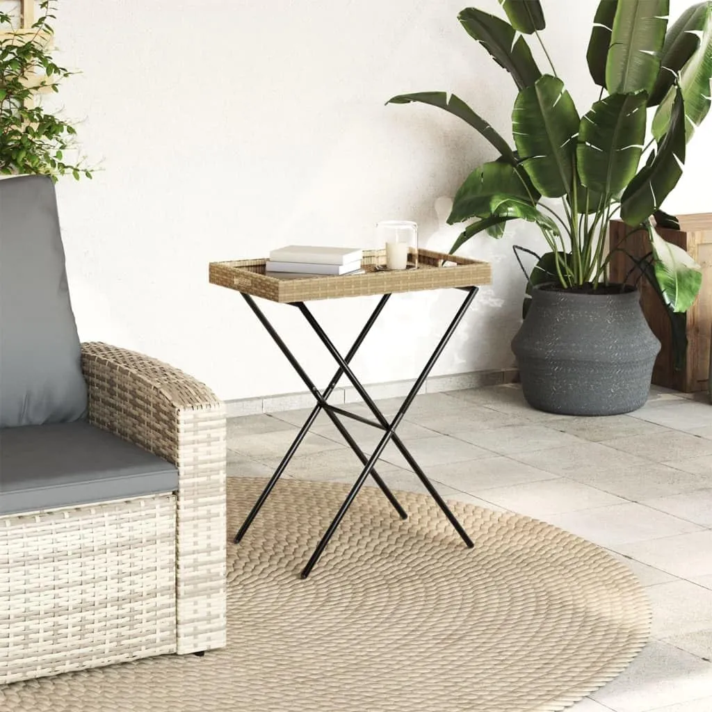 Folding Side Table Beige Poly Rattan, Powder-Coated Steel - Portable Outdoor Dining, Camping and Coffee Tables for Kitchen, Living Room, Balcony Furniture