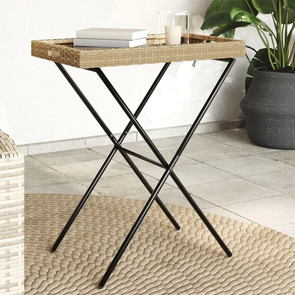 Folding Side Table Beige Poly Rattan, Powder-Coated Steel - Portable Outdoor Dining, Camping and Coffee Tables for Kitchen, Living Room, Balcony Furniture