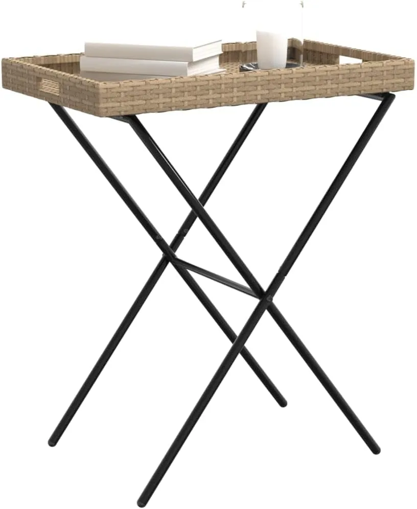 Folding Side Table Beige Poly Rattan, Powder-Coated Steel - Portable Outdoor Dining, Camping and Coffee Tables for Kitchen, Living Room, Balcony Furniture