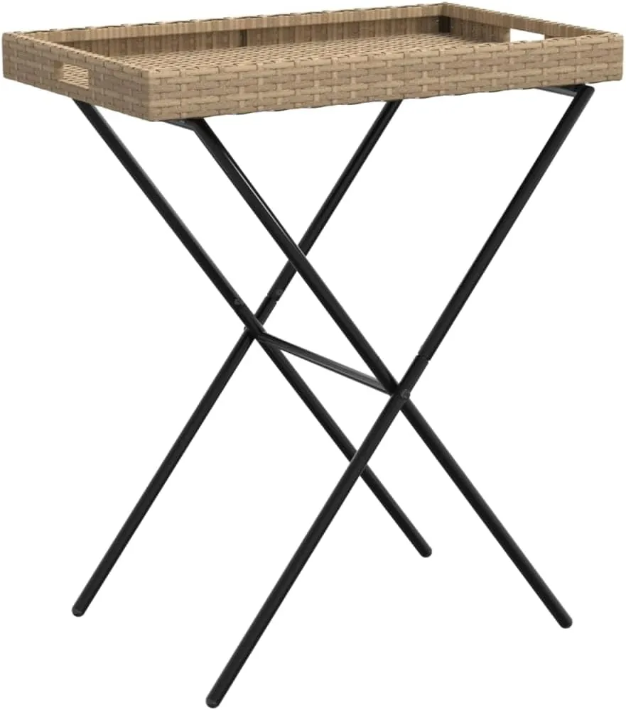 Folding Side Table Beige Poly Rattan, Powder-Coated Steel - Portable Outdoor Dining, Camping and Coffee Tables for Kitchen, Living Room, Balcony Furniture